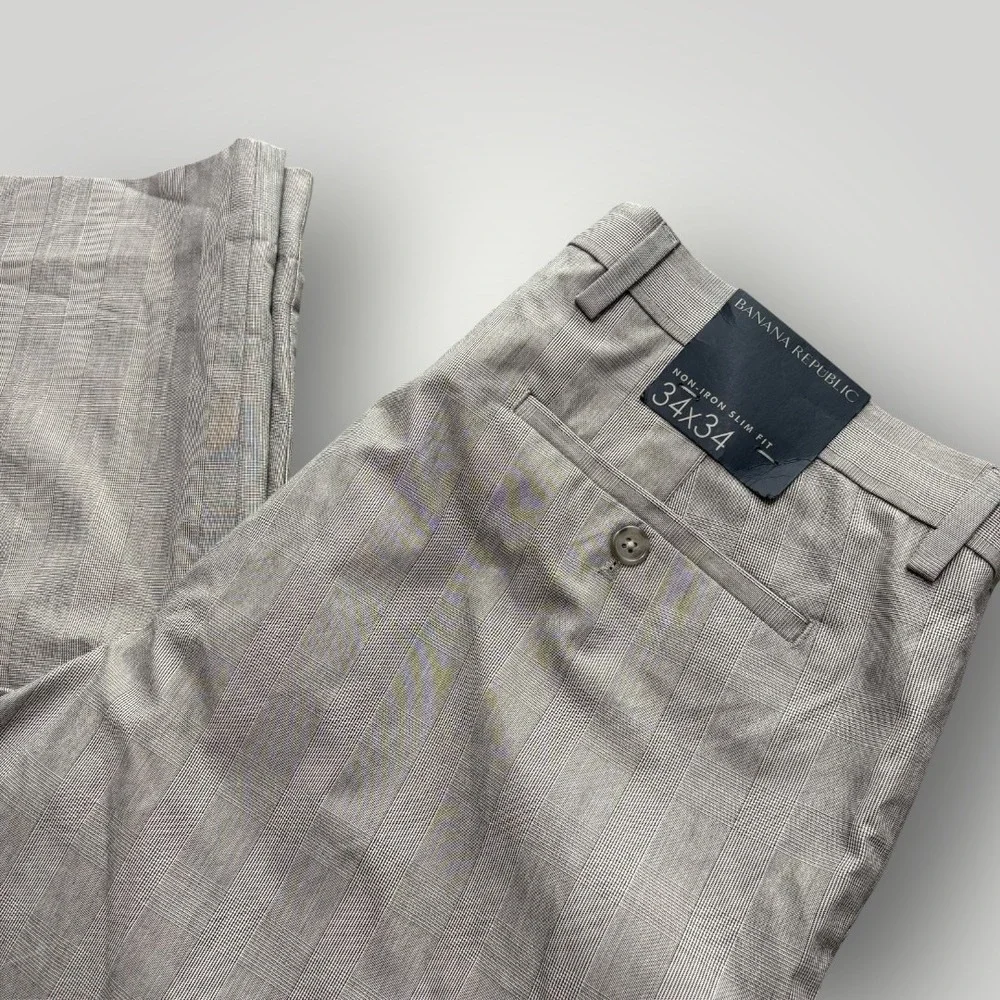 Banana Republic Pants Mens 34x34 Gray Plaid Non-Iron Slim Fit Chino Straight